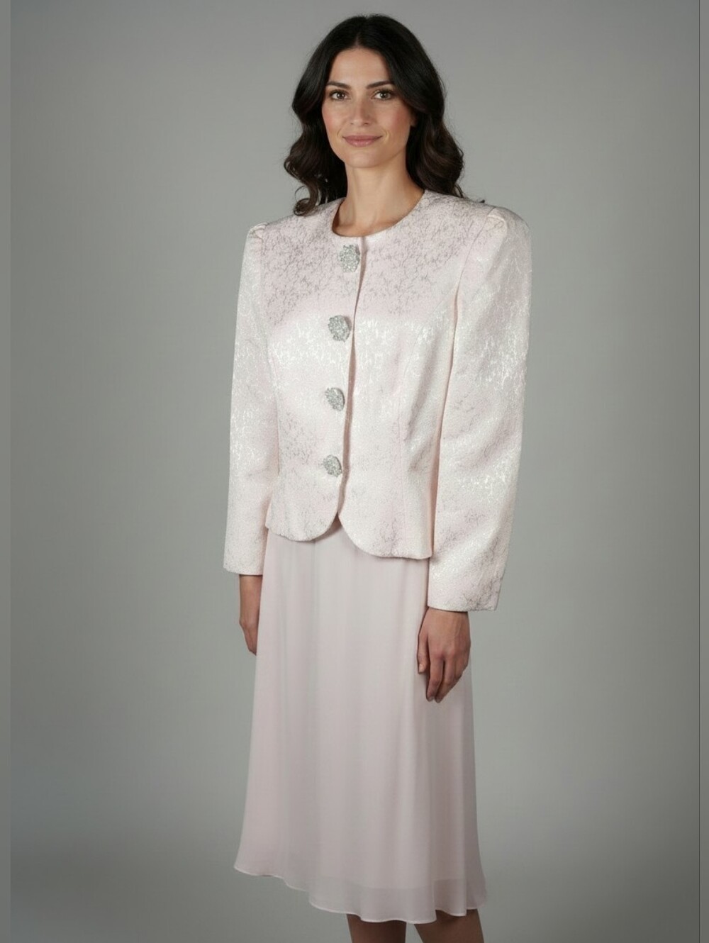 Ursula of Switzerland Vintage Pink Brocade Jacket and Chiffon Skirt Set Size 14